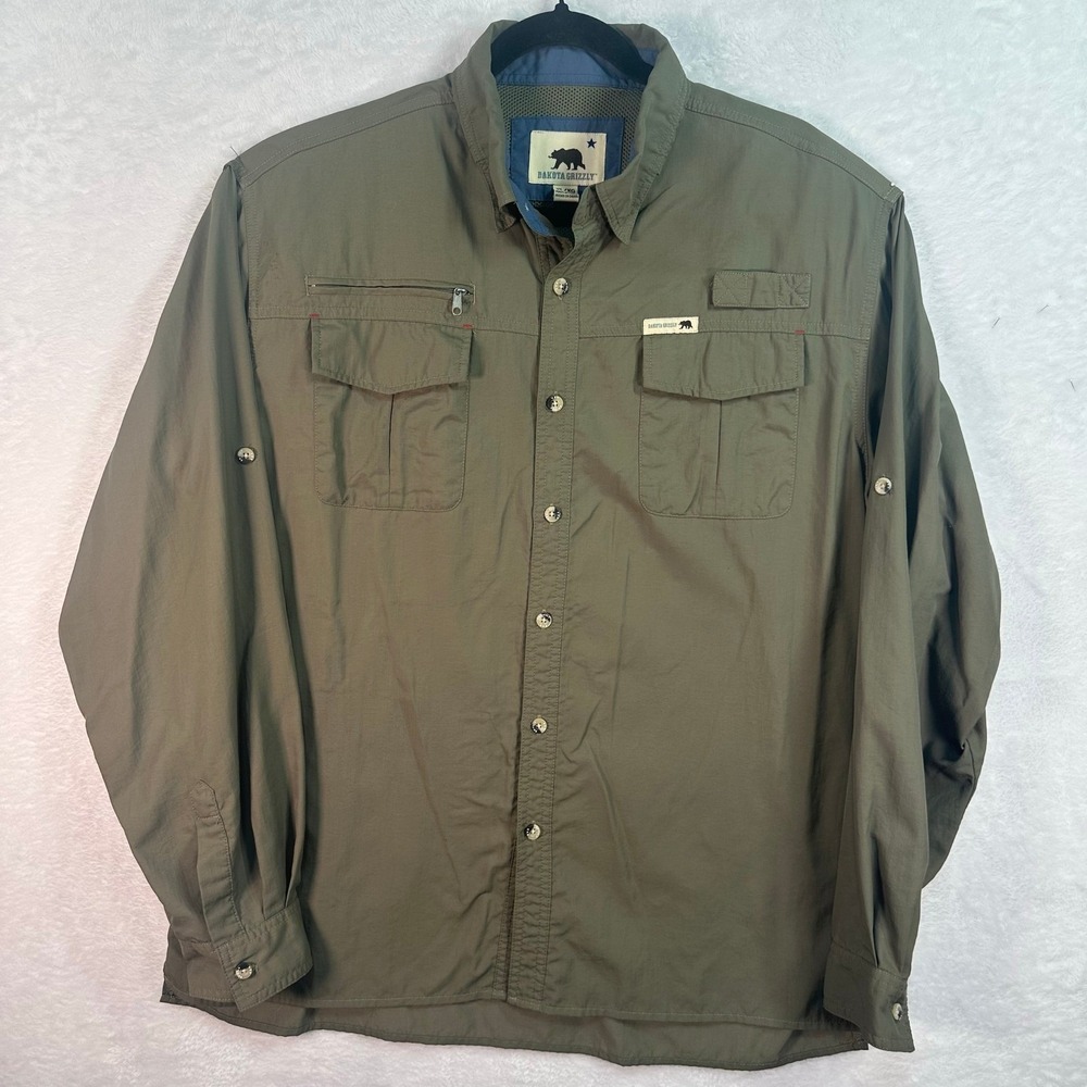 Dakota Grizzly Fishing Shirt Mens XL Green Long Sleeve Button Up Cargo Hiking